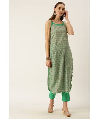 Grey & Green Cotton Print Strappy Straight Kurta Set 3