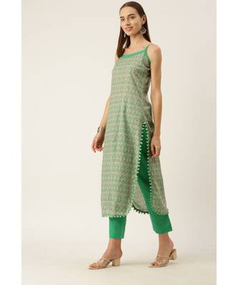 Grey & Green Cotton Print Strappy Straight Kurta Set 4