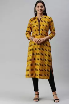 Mustard Yellow & Brown Ethnic Motifs Printed Kurta