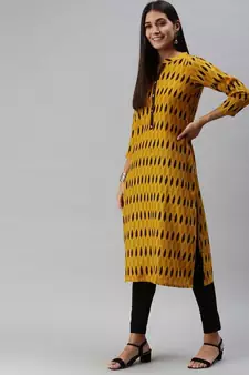 Mustard Yellow & Brown Ethnic Motifs Printed Kurta