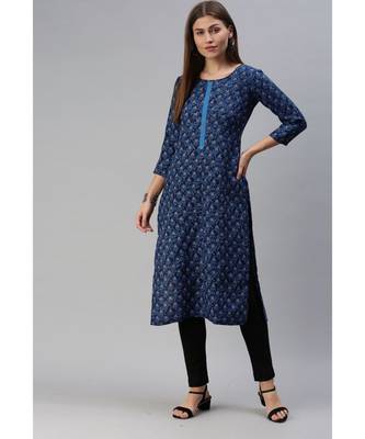 Blue Floral Print Cotton Blend Straight Kurta 1