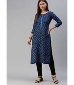 Blue Floral Print Cotton Blend Straight Kurta