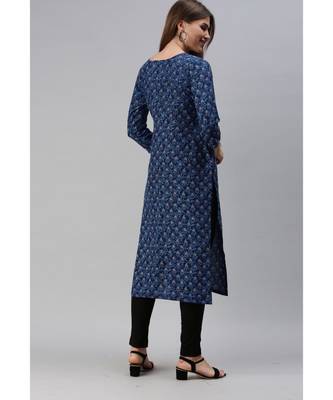 Blue Floral Print Cotton Blend Straight Kurta 2
