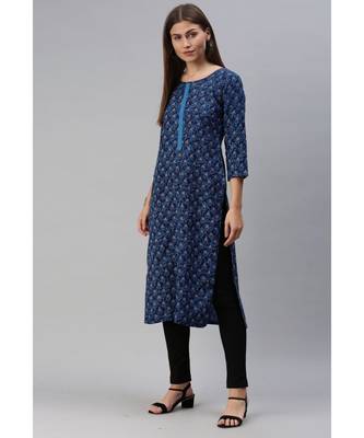 Blue Floral Print Cotton Blend Straight Kurta 3