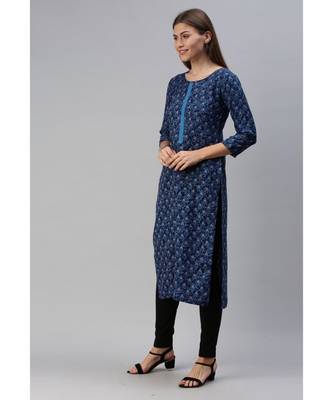 Blue Floral Print Cotton Blend Straight Kurta 4