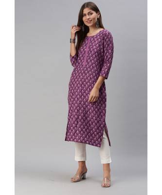 Magenta Floral Print Cotton Blend Straight Kurta 1
