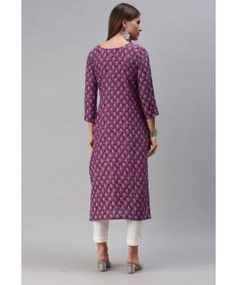Magenta Floral Print Cotton Blend Straight Kurta 2