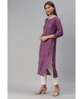 Magenta Floral Print Cotton Blend Straight Kurta 3