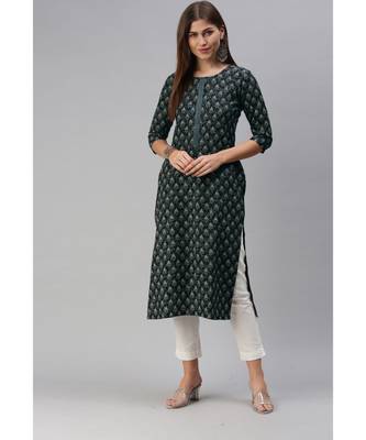 Grey Floral Print Cotton Blend Straight Kurta 1