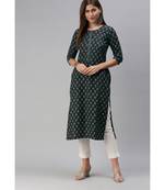Grey Floral Print Cotton Blend Straight Kurta