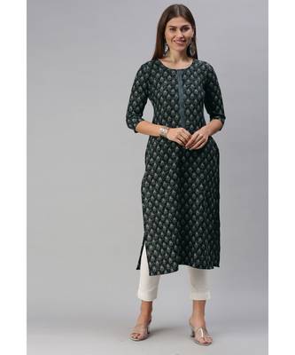 Grey Floral Print Cotton Blend Straight Kurta 3