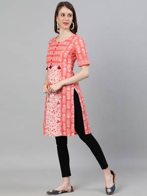 Peach printed cotton ethnic-kurtis 5