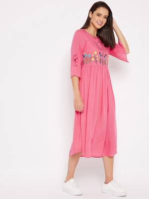 Pink embroidered rayon short-dresses 5