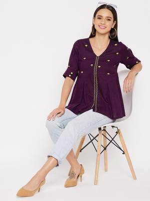 Purple embroidered rayon cotton-tops 1
