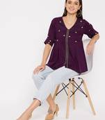 Purple embroidered rayon cotton-tops