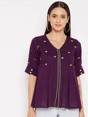 Purple embroidered rayon cotton-tops 2