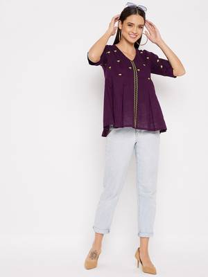Purple embroidered rayon cotton-tops 3