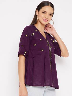 Purple embroidered rayon cotton-tops 5