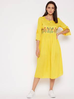 Yellow embroidered rayon short-dresses 2