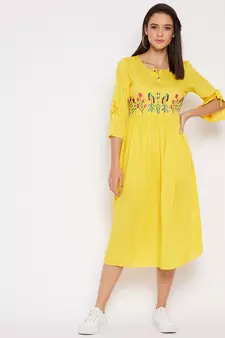 Yellow embroidered rayon short-dresses