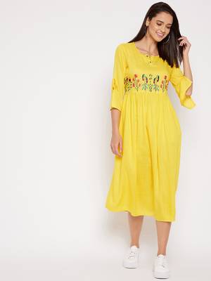 Yellow embroidered rayon short-dresses 3