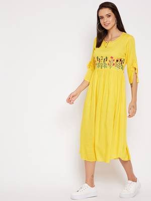 Yellow embroidered rayon short-dresses 4