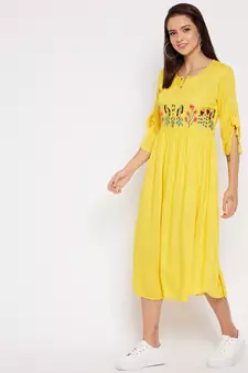 Yellow embroidered rayon short-dresses