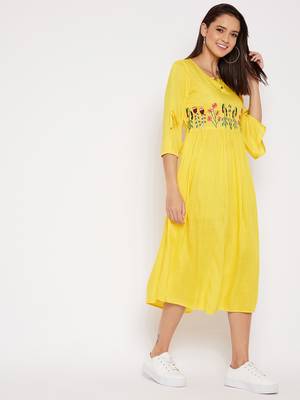 Yellow embroidered rayon short-dresses 5