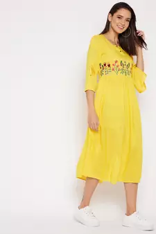 Yellow embroidered rayon short-dresses