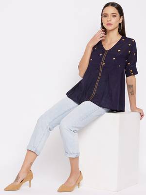 Navy blue embroidered cotton cotton-tops 1