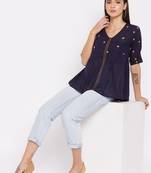 Navy blue embroidered cotton cotton-tops