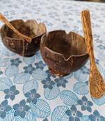 INDIBAM's Set of Coconut Shell Dessert Bowls with coconut wood Spoons; Ice-Cream, Desserts & Pudding Bowl.