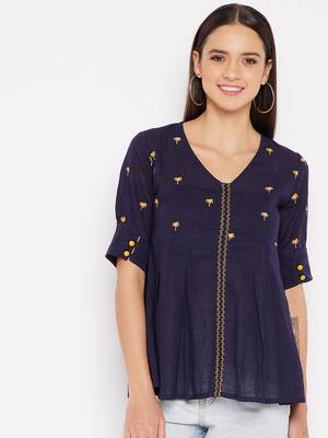 Navy blue embroidered cotton cotton-tops 2
