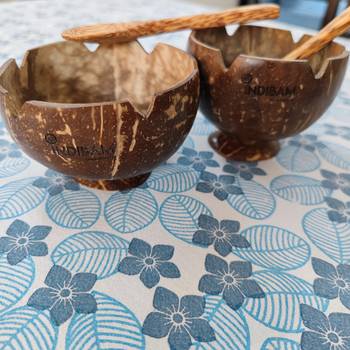 INDIBAM's Set of Coconut Shell Dessert Bowls with coconut wood Spoons; Ice-Cream, Desserts & Pudding Bowl. 3