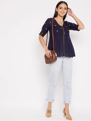 Navy blue embroidered cotton cotton-tops 3
