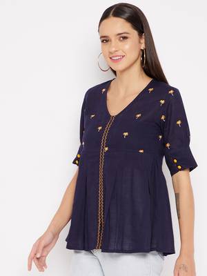 Navy blue embroidered cotton cotton-tops 4