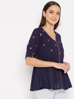 Navy blue embroidered cotton cotton-tops 5