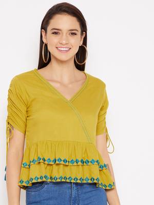 Yellow embroidered rayon crop-tops
 1
