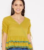 Yellow embroidered rayon crop-tops
