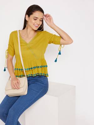 Yellow embroidered rayon crop-tops
 2