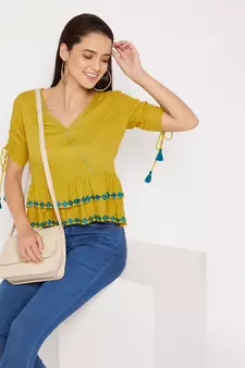 Yellow embroidered rayon crop-tops