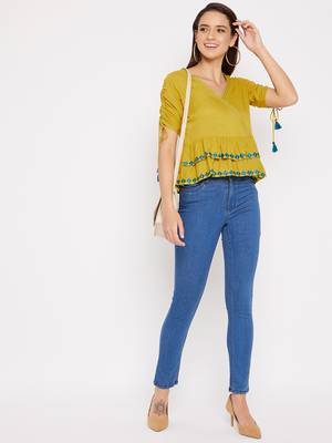 Yellow embroidered rayon crop-tops
 3