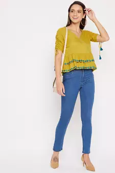Yellow embroidered rayon crop-tops
