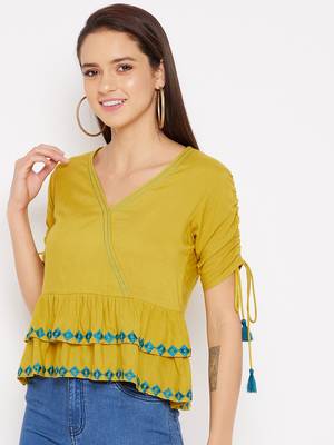 Yellow embroidered rayon crop-tops
 4