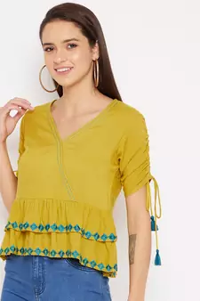 Yellow embroidered rayon crop-tops