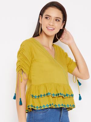 Yellow embroidered rayon crop-tops
 5