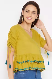 Yellow embroidered rayon crop-tops