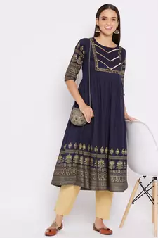 Navy-blue printed cotton cotton-kurtis