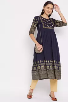 Navy-blue printed cotton cotton-kurtis