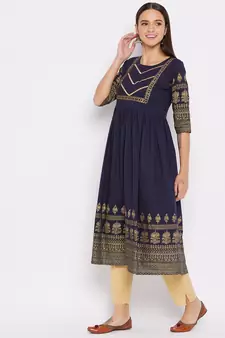 Navy-blue printed cotton cotton-kurtis